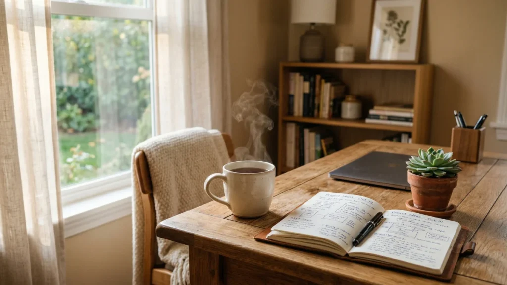An image of a desk with pen and laptop for About Us page,