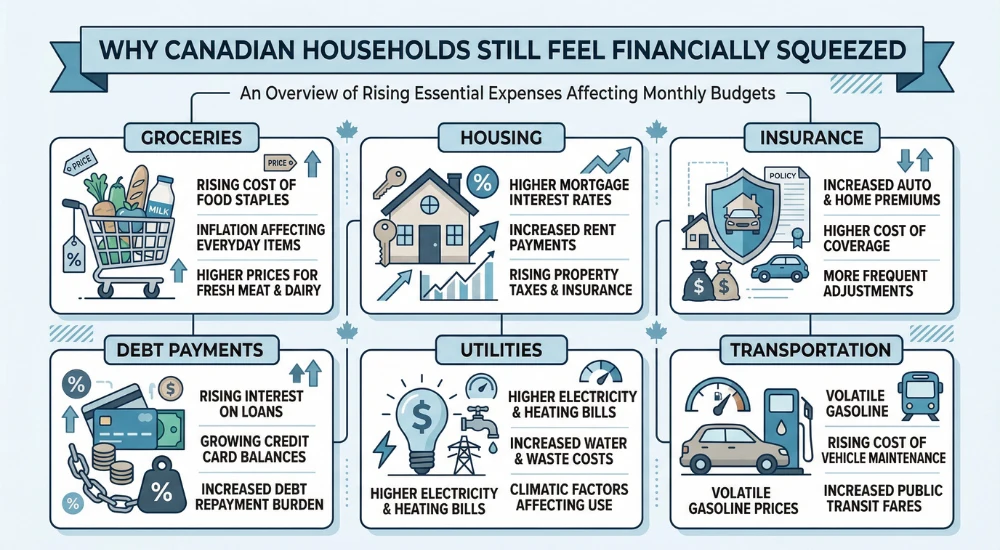 Infographic showing why Canadian households still feel financially squeezed, with categories including groceries, housing, insurance, debt payments, utilities, and transportation.