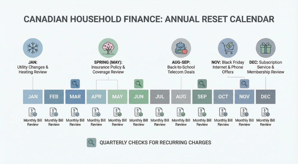 Infographic showing an annual Canadian household bills reset calendar with review points for utility changes, insurance, telecom deals, and subscription checks throughout the year.