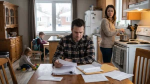 A man in a flannel shirt reviews mortgage papers at a kitchen table in Calgary, while his wife prepares a meal and their children play in the background, illustrating the everyday impact of a mortgage renewal in twenty-twenty-six.