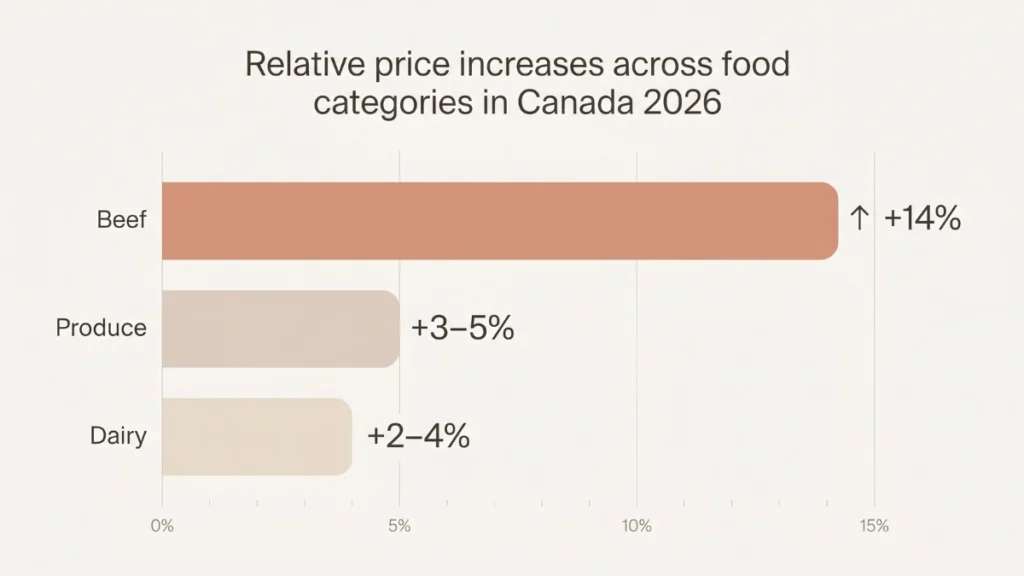 Bar chart showing higher price increases for beef compared to dairy and produce in Canada in 2026.