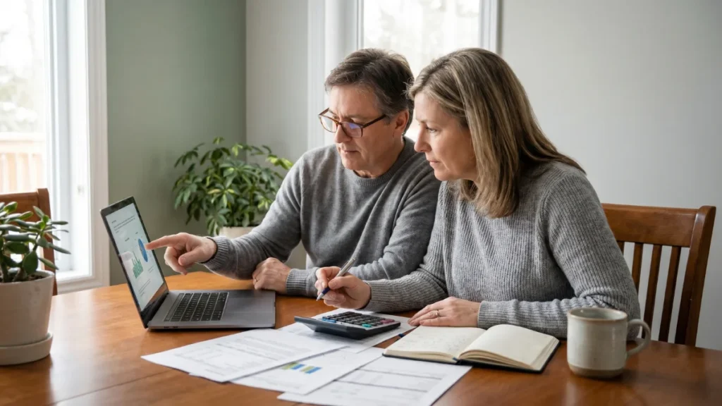 Canadian couple comparing mortgage options after a Bank of Canada rate hold