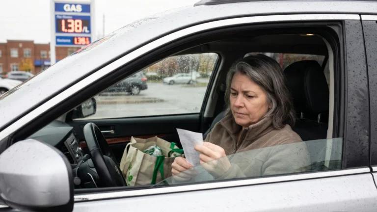 Middle-aged Canadian woman sitting in her car with grocery bags and a receipt while a gas price sign is visible in the background.