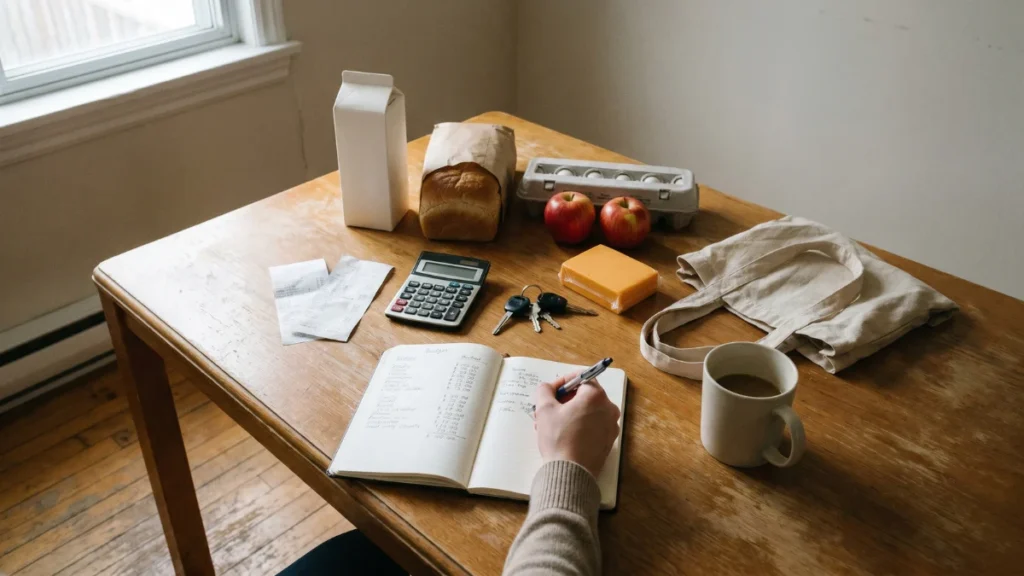 Gas Tax Canada | Kitchen table with groceries, receipts, car keys, and a calculator as someone writes household budget notes.