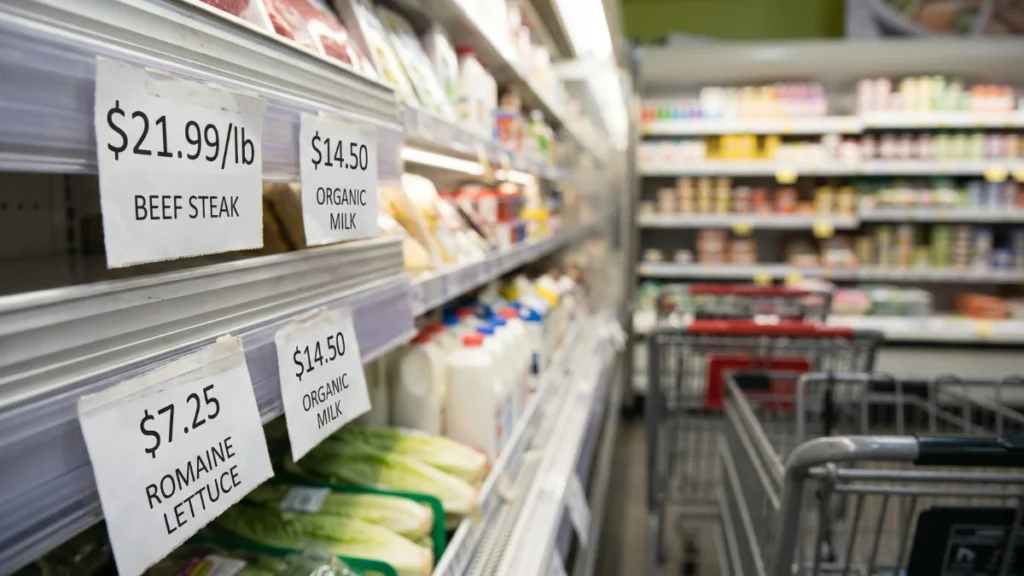 Grocery price tags in a Canadian supermarket showing high costs for meat and vegetables in 2026.