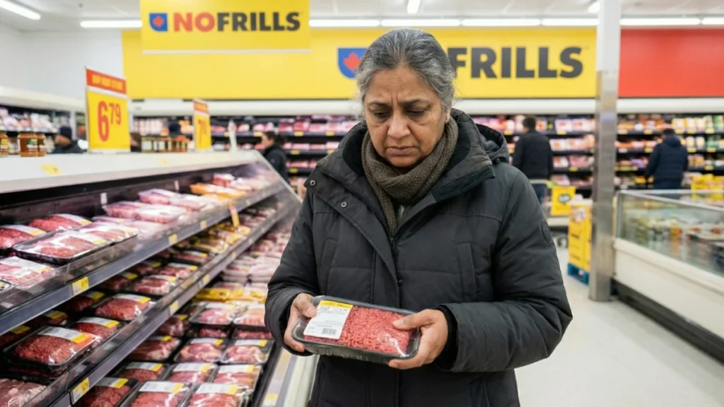Middle-aged South Asian woman checking ground beef price per kg in a Canadian grocery store in 2026