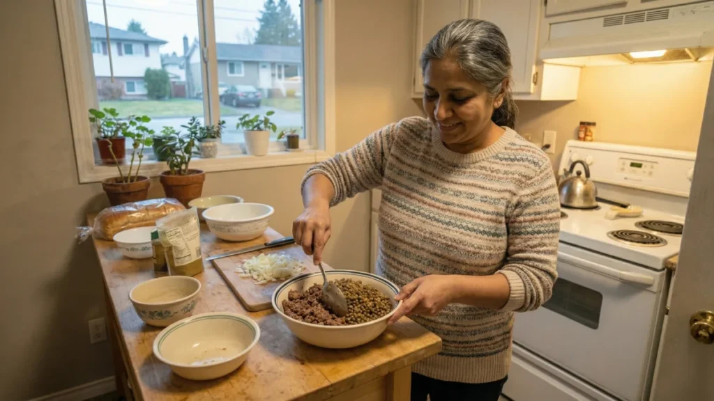 South Asian woman stretching ground beef with lentils at home due to rising ground beef price per kg in Canada 2026