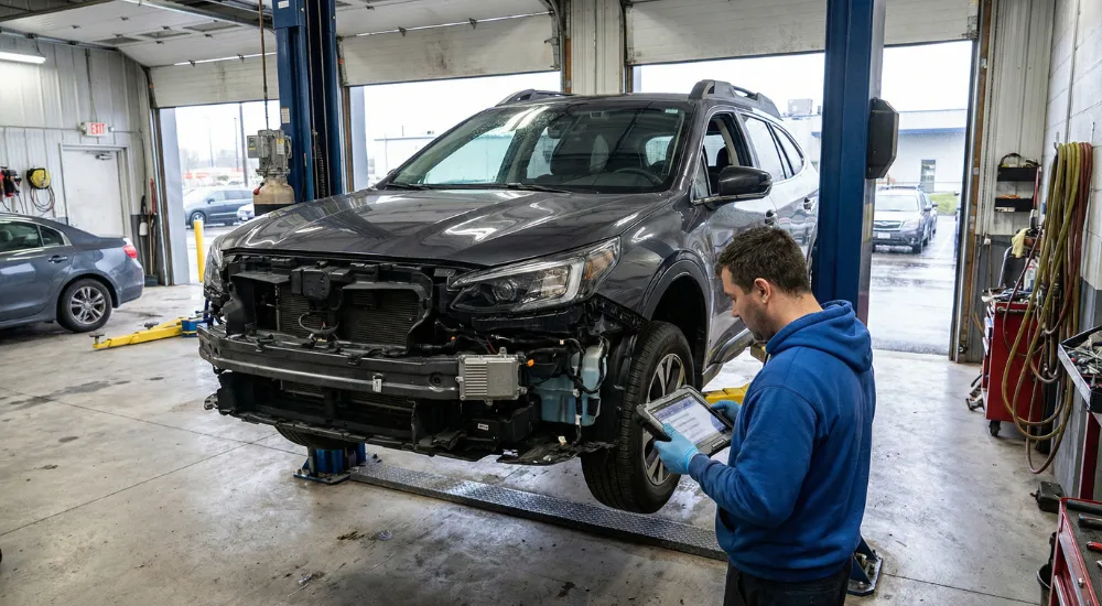 Modern vehicle in a Canadian repair shop with bumper removed and diagnostic inspection underway