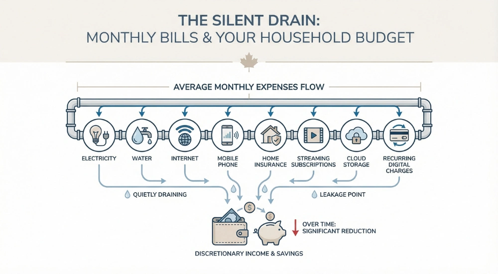Infographic showing how monthly bills in Canada, including electricity, water, internet, mobile, insurance, subscriptions, and cloud storage, quietly drain a household budget over time.