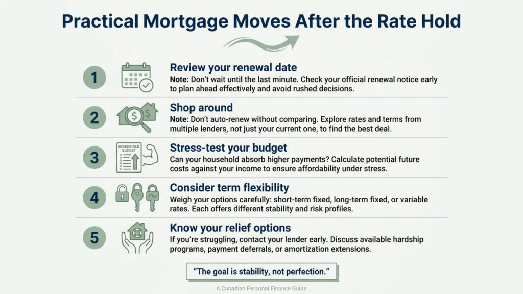 Infographic outlining practical mortgage moves for Canadian homeowners after the April 2026 rate hold