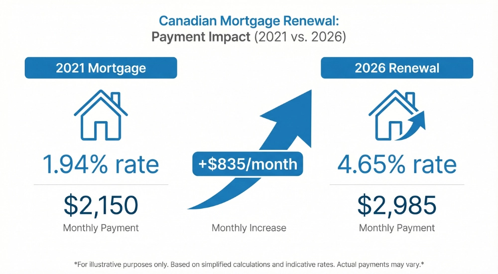 Mortgage payment increase in Canada from 2021 to 2026 showing rates rising from 1.94% to 4.65%