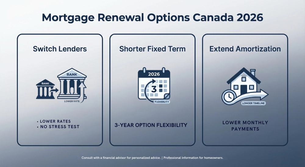 Mortgage renewal options in Canada 2026 including switching lenders, shorter fixed term, and extending amortization