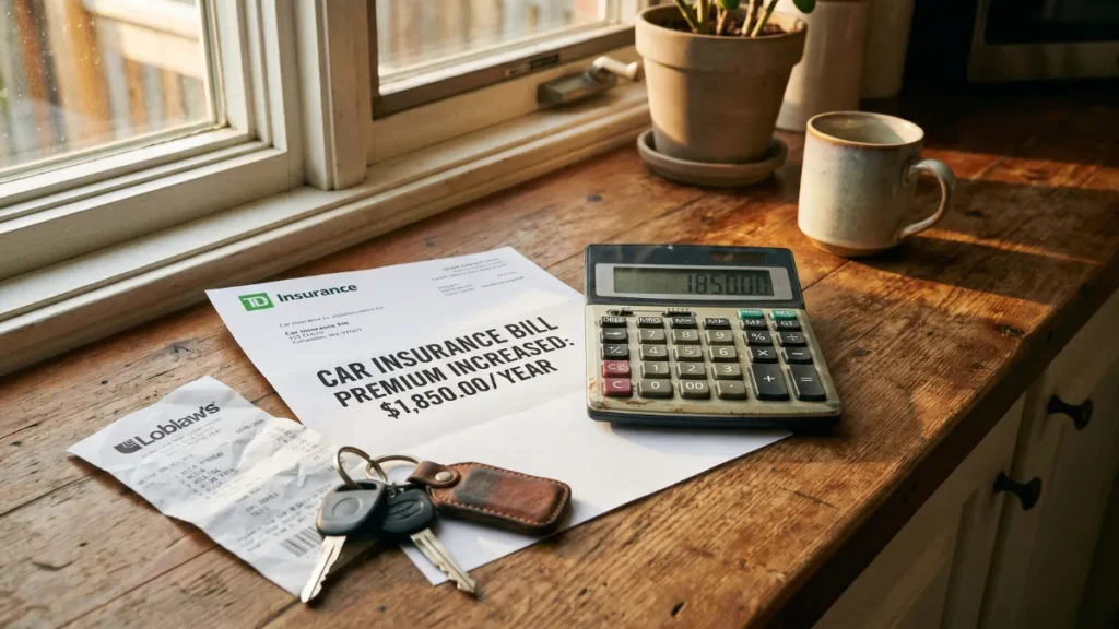 Car insurance bill and household expenses showing rising costs in Ontario