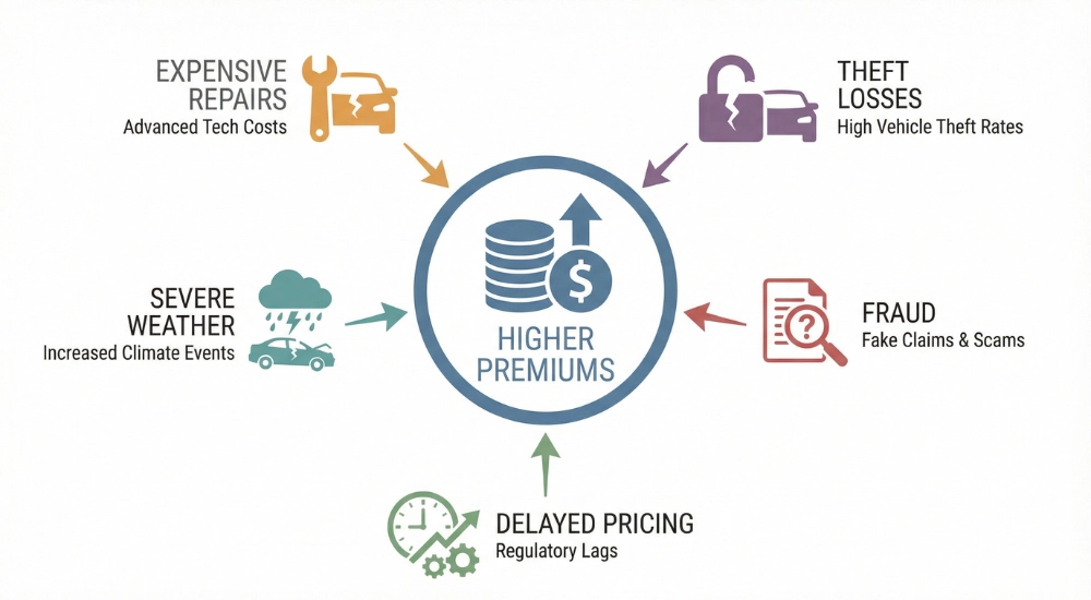 Main factors driving higher car insurance premiums in Ontario, including repairs, theft losses, weather, fraud, and delayed pricing