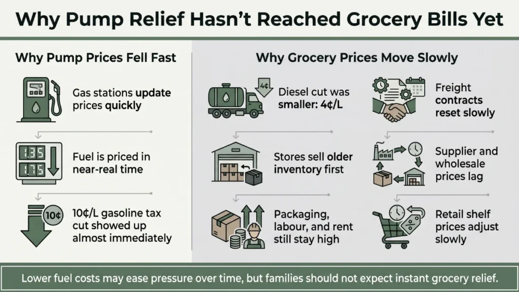 Infographic comparing why pump prices fell quickly after Canada’s 2026 gas tax cut while grocery prices are adjusting more slowly.