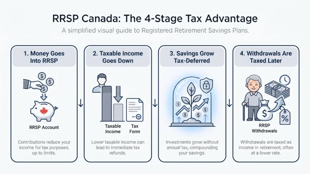 RRSP Canada Explained: Infographic showing four stages of retirement savings: contribution, tax deduction, tax-deferred growth, and taxable withdrawals