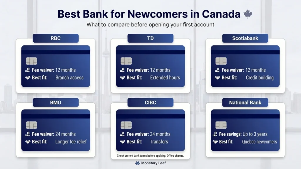Best bank for newcomers in Canada: infographic comparing newcomer banking packages in 2026