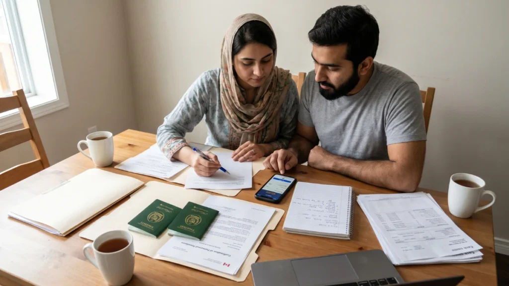 Best bank for newcomers in Canada: newcomer family organising passports and banking documents at home