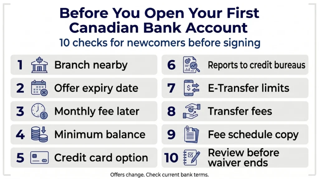 Best bank for newcomers in Canada: checklist infographic for opening a first Canadian bank account