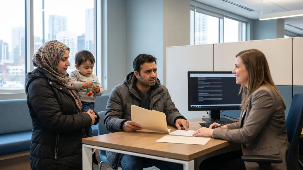Best bank for newcomers in Canada: newcomer family meeting a bank advisor in a Canadian branch