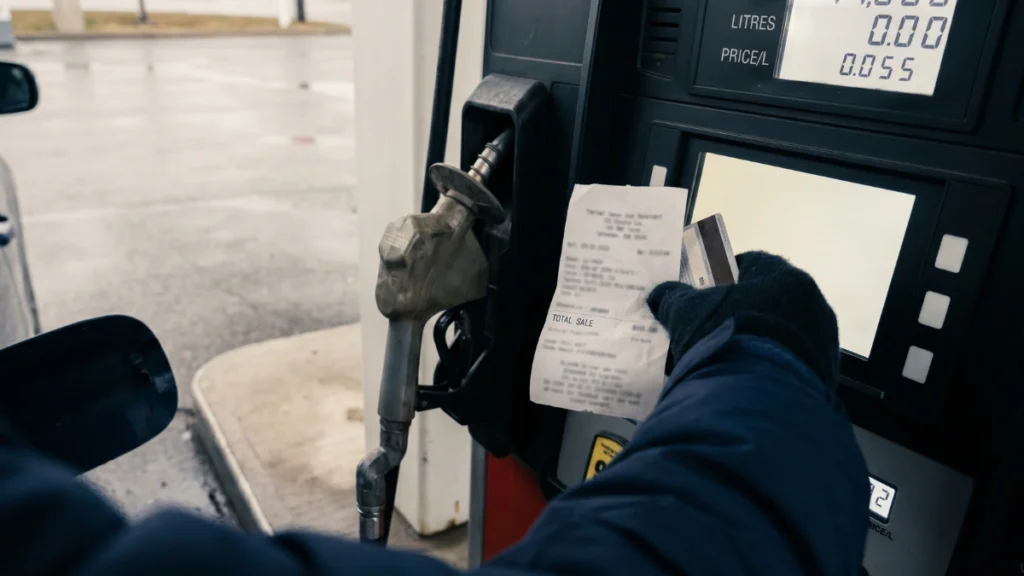 canada gasoline price breakdown taxes 2026 showing a gas pump receipt and fuel nozzle in Canada