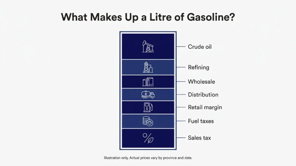 canada gasoline price breakdown and taxes 2026 infographic showing the fuel cost tax and margin stack
