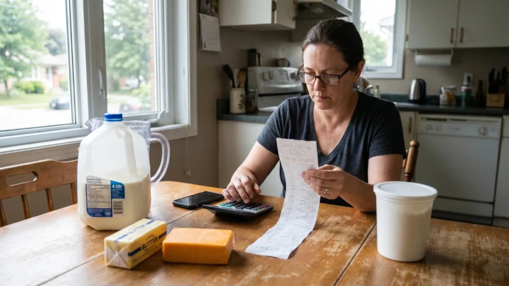 Dairy Prices in Canada 2026 as a family reviews a grocery receipt with milk butter and cheese on the kitchen table