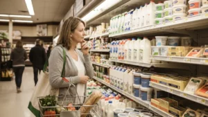Dairy Prices in Canada 2026 showing milk butter cheese and yogurt in a Canadian grocery aisle