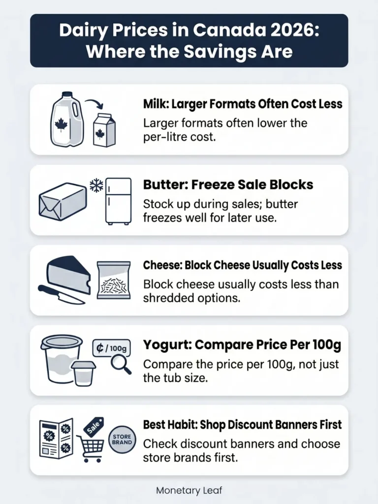 Dairy Prices in Canada 2026 infographic showing milk butter cheese yogurt and ways to save on Canadian dairy costs