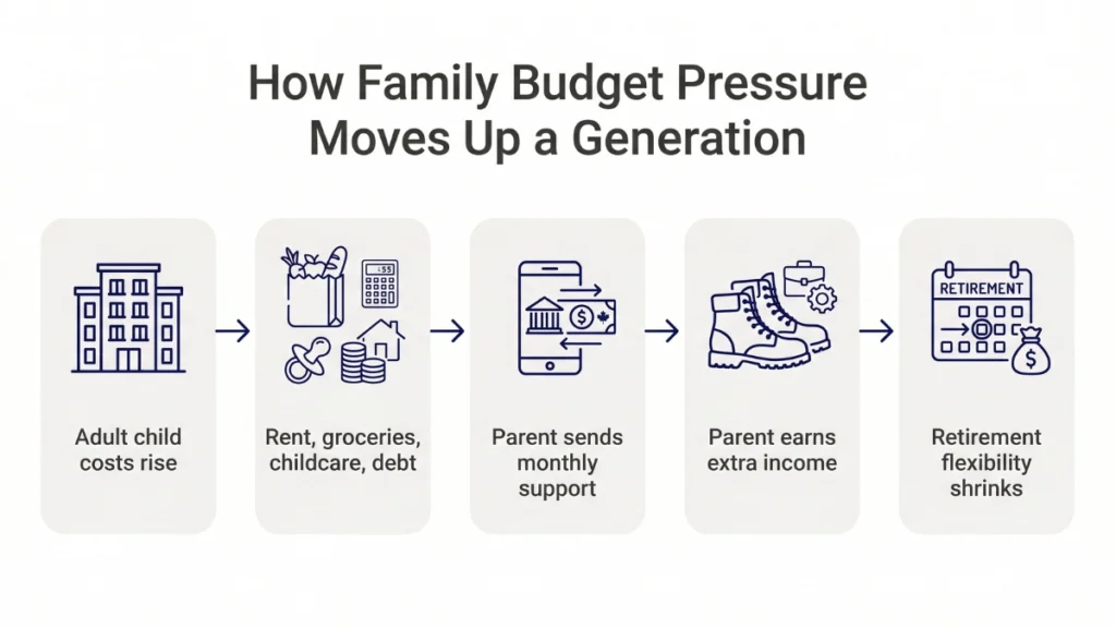 Older Canadians earning income to support their adult children infographic showing how family budget pressure moves across generations
