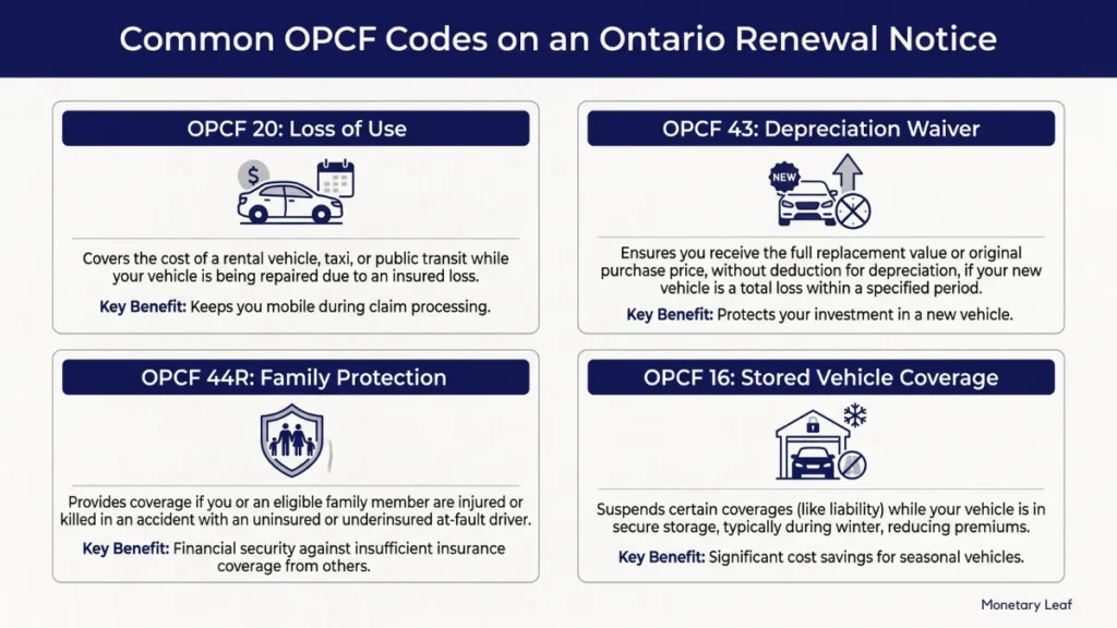 Ontario car insurance survival guide 2026 infographic explaining common OPCF codes