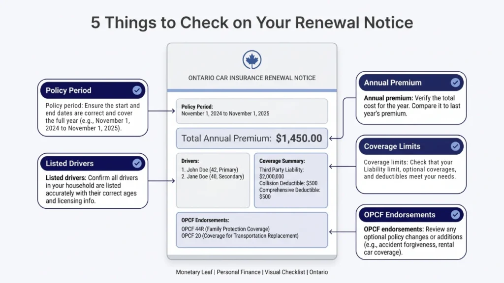 Ontario car insurance survival guide 2026 infographic showing what to check on a renewal notice