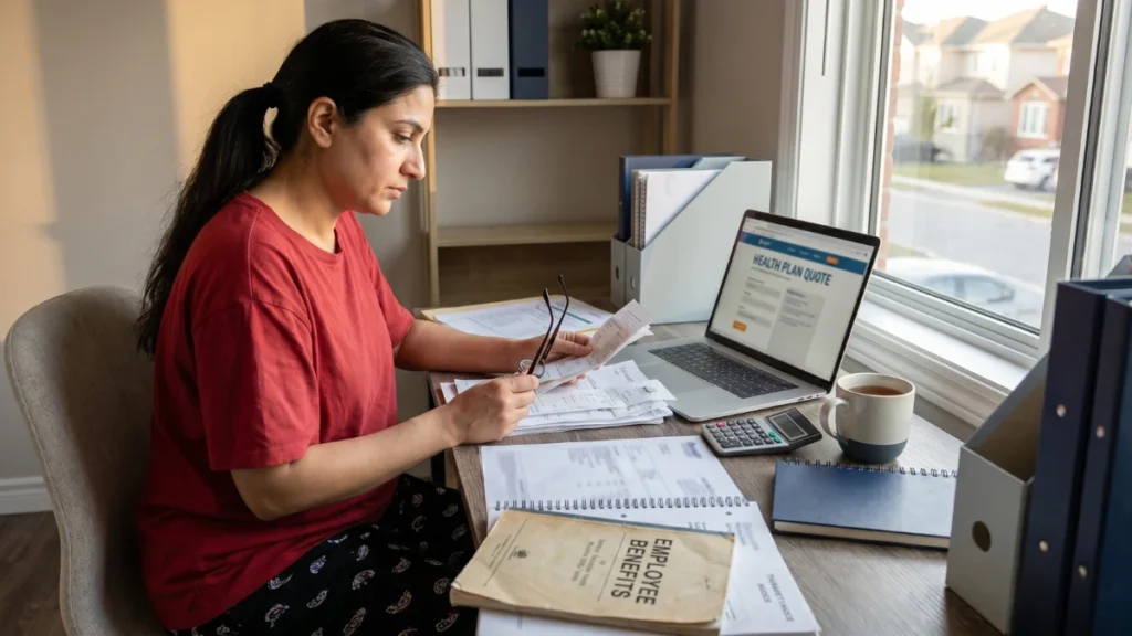 Personal health insurance Canada for self-employed workers: freelancer reviewing health receipts and insurance quote at home