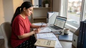 Personal health insurance Canada for self-employed workers: freelancer reviewing health receipts and insurance quote at home