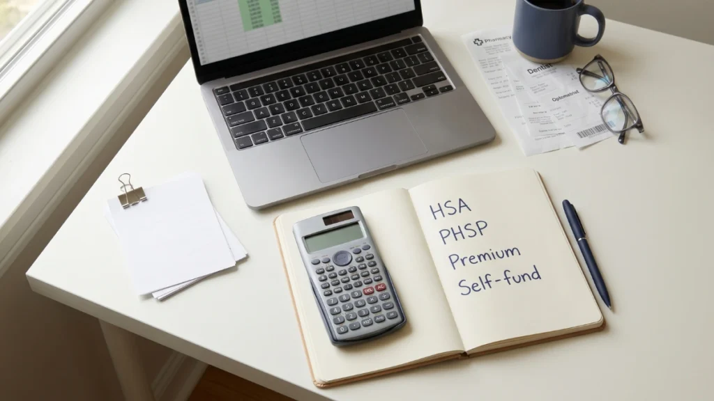 Personal health insurance Canada for self-employed workers: notebook comparing HSA, PHSP, and self-funding options