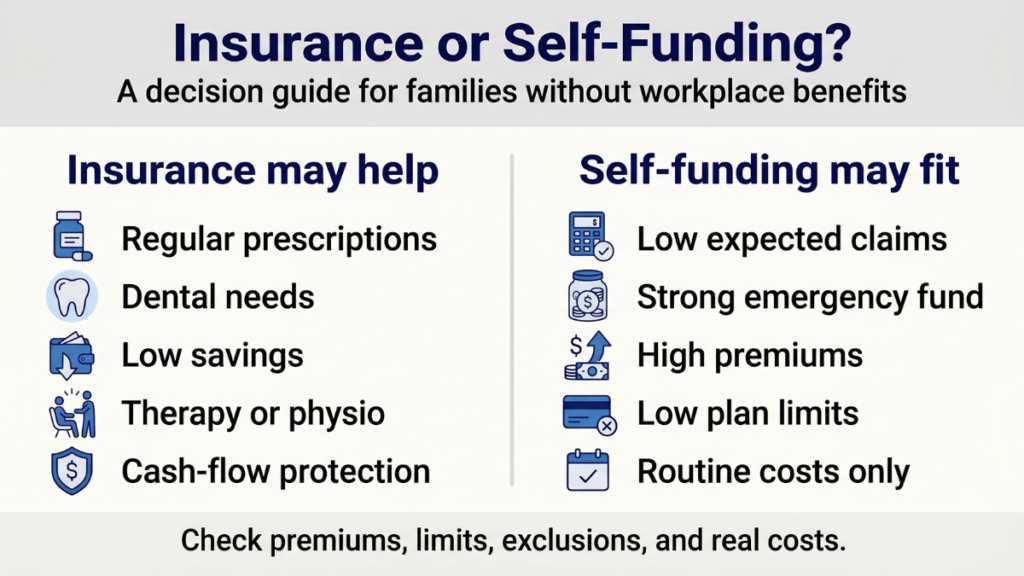 Private health insurance in Canada for families without workplace benefits: infographic comparing insurance and self-funding