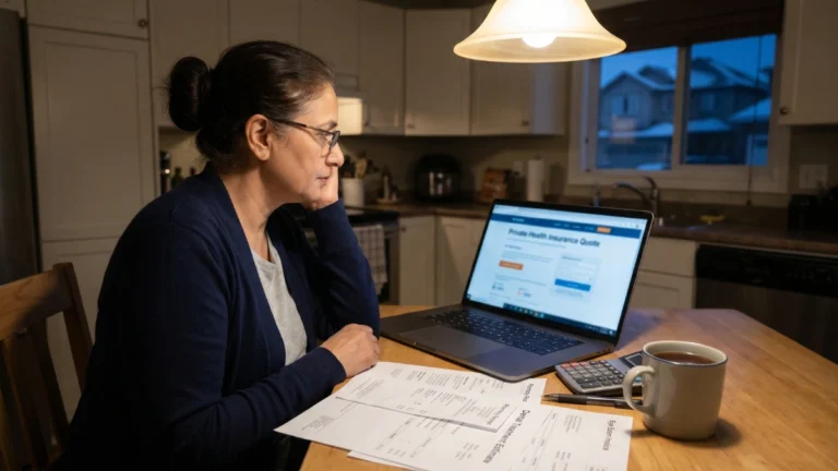 Private health insurance in Canada for families without workplace benefits: mother reviewing health bills and insurance quote at kitchen table