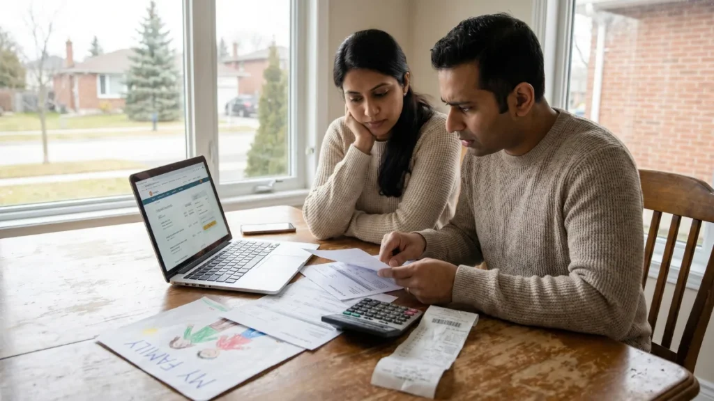 RRSP Canada Explained: Editorial image of a couple discussing retirement savings, bills, and tax decisions at home