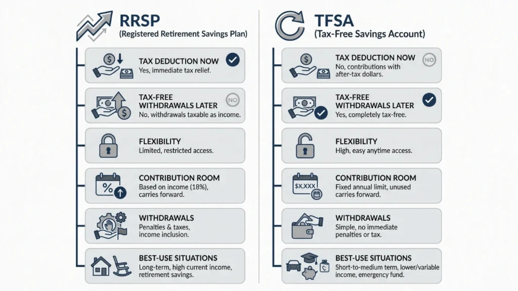 RRSP Canada Explained: Infographic comparing RRSP and TFSA by tax deduction, withdrawals, flexibility, contribution room, and best-use situations