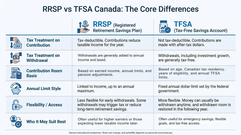 RRSP vs TFSA Canada infographic comparing tax treatment, withdrawals, flexibility, and contribution room