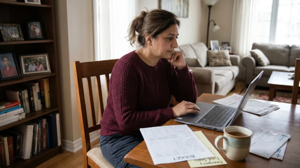 RRSP vs TFSA Canada decision with a woman reviewing savings and cash flow at home