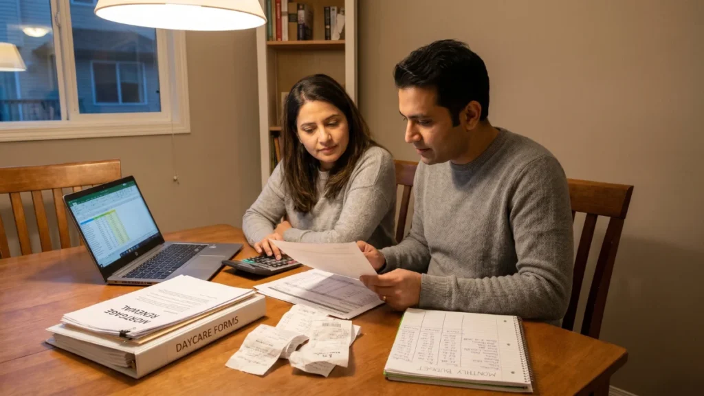RRSP vs TFSA Canada decision at a kitchen table with a Canadian couple reviewing bills and savings choices