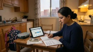 Private health insurance Ontario for families without workplace benefits: mother reviewing health costs and insurance options at home